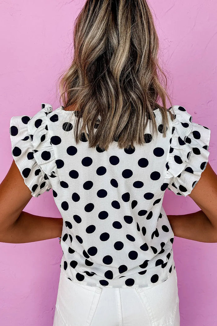 White Polka Dot Print Ruffled Sleeve V Neck Blouse - Tops/Blouses & Shirts