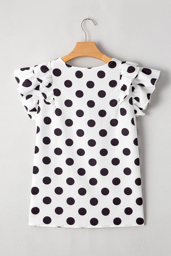 White Polka Dot Print Ruffled Sleeve V Neck Blouse - Tops/Blouses & Shirts