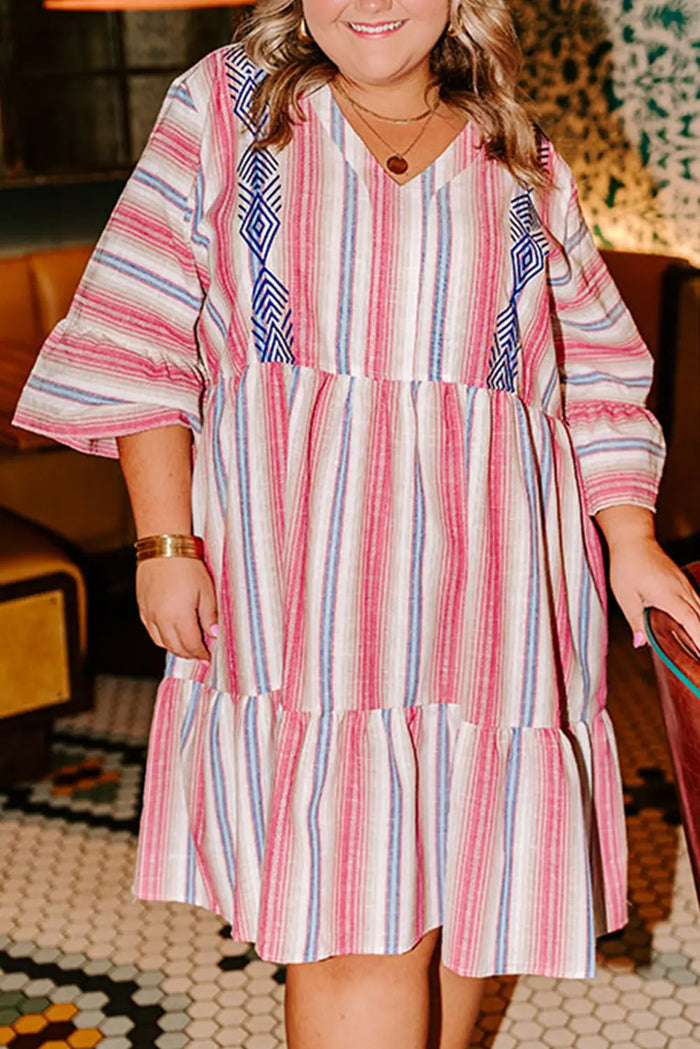 White Stripe Plus Size Embroidered Detail Flared 3/4 Sleeve V Neck Dress - 1X / 50% Polyester + 50% Cotton - Size/Plus