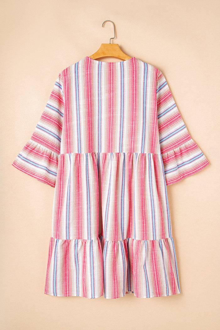 White Stripe Plus Size Embroidered Detail Flared 3/4 Sleeve V Neck Dress - Size/Plus Dresses/Plus Mini Dresses