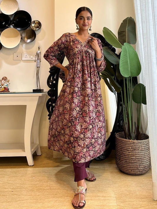 Wine Muslin Floral Alia Set