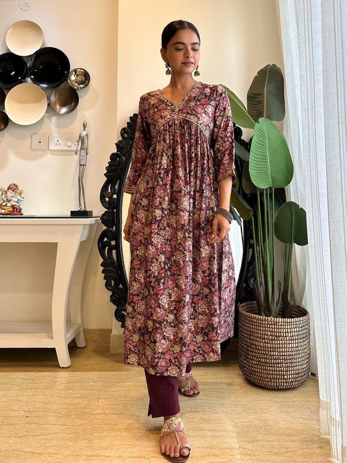 Wine Muslin Floral Alia Set