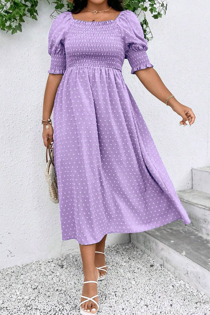 Wisteria Swiss Dot Smocked Frilled Neckline Short Sleeve Plus Size Dress - 1X / 100% Polyester - Size/Plus Dresses/Plus