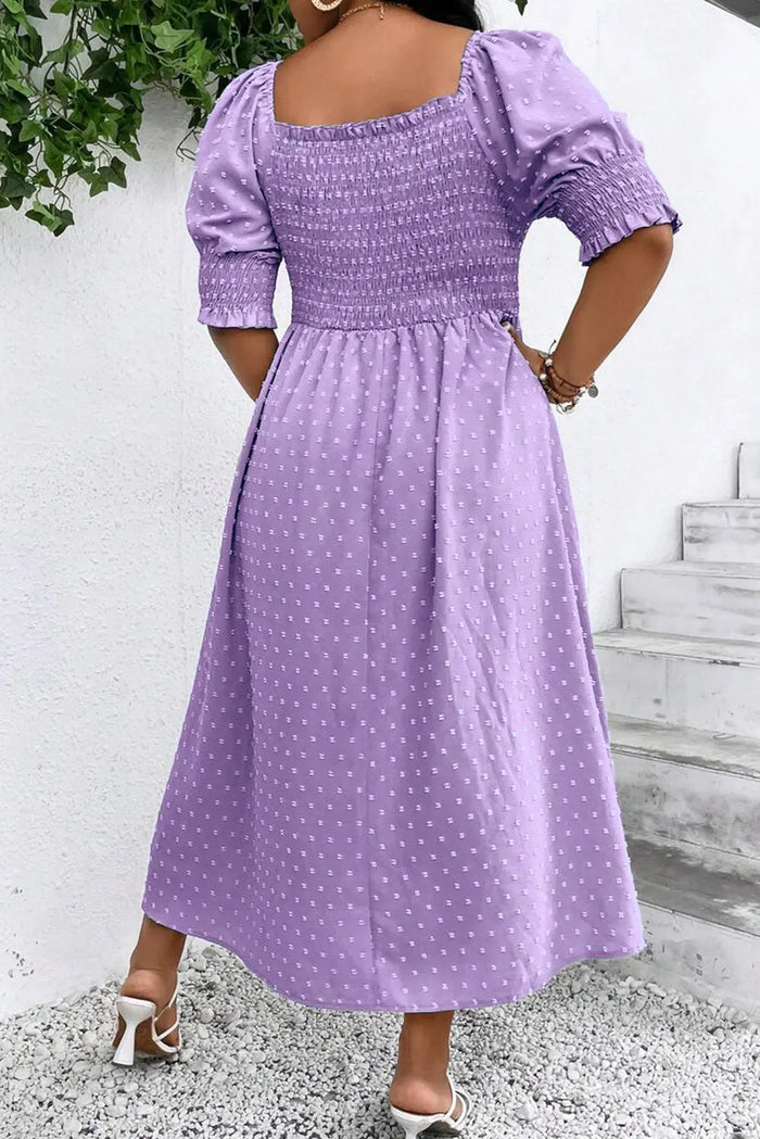 Wisteria Swiss Dot Smocked Frilled Neckline Short Sleeve Plus Size Dress - Size/Plus Dresses/Plus Maxi Dresses
