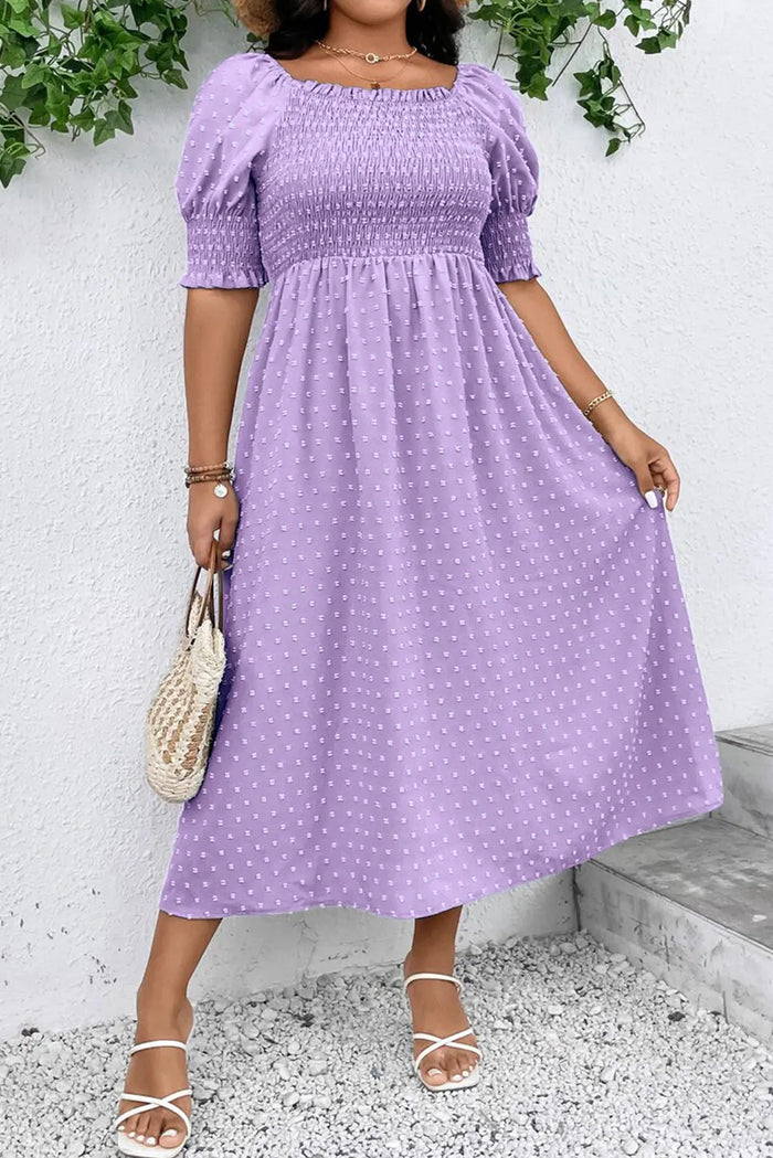 Wisteria Swiss Dot Smocked Frilled Neckline Short Sleeve Plus Size Dress - Size/Plus Dresses/Plus Maxi Dresses