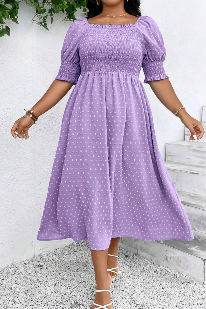 Wisteria Swiss Dot Smocked Frilled Neckline Short Sleeve Plus Size Dress - Size/Plus Dresses/Plus Maxi Dresses