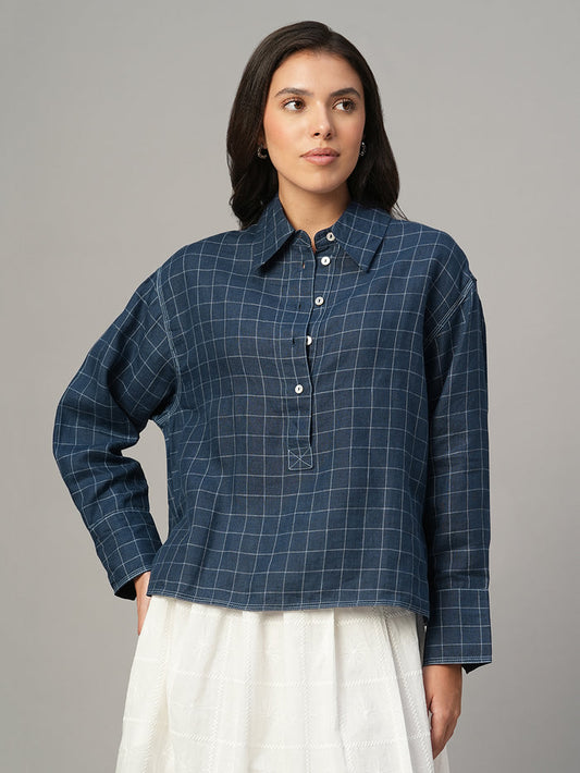Women's Blue 100% Linen Boxy Fit Blouse