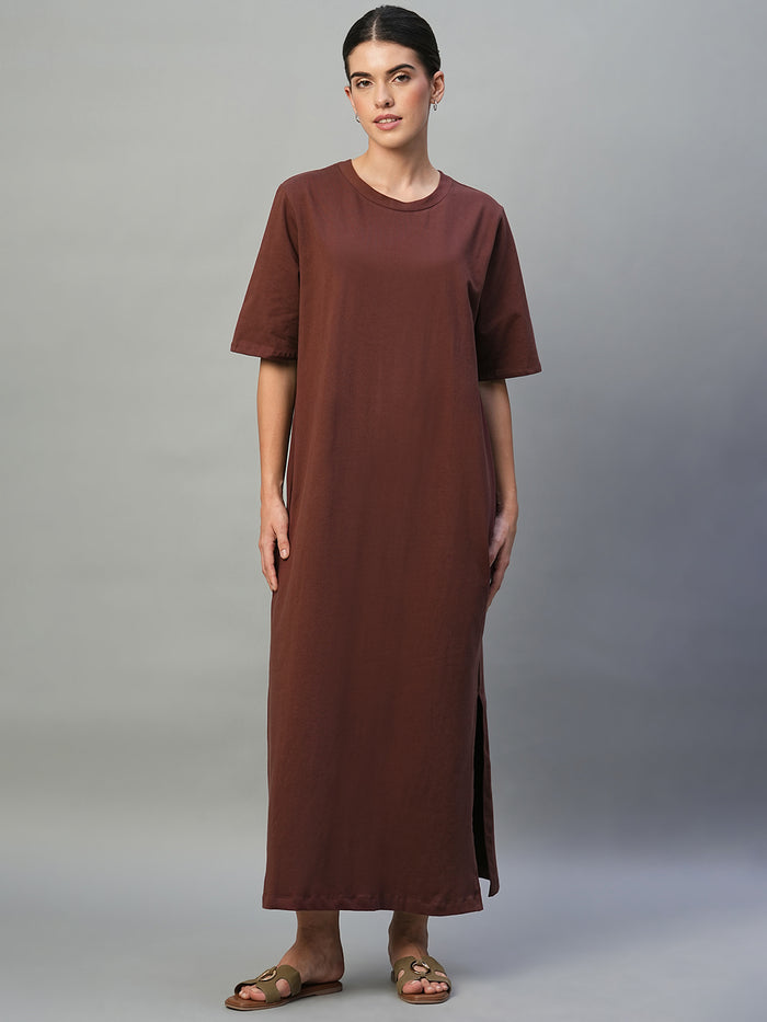 Women's Cotton Elastane Regular Fit Knit Dress Wine