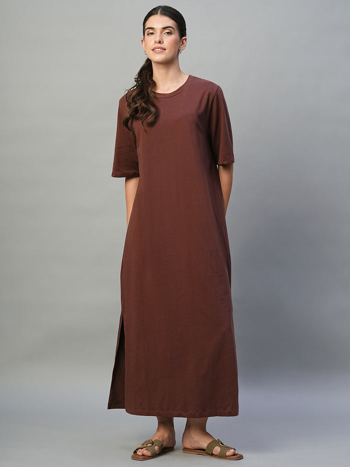 Women's Cotton Elastane Regular Fit Knit Dress Wine