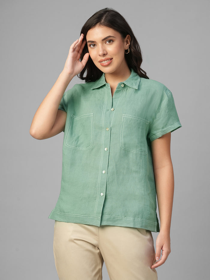 Women's Green 100% Linen Regular Fit Blouse