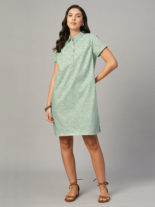 Women's Light Green 100% Cotton Regular Fit Dress