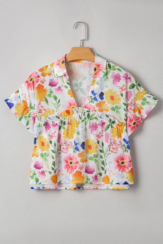 Yellow Floral Boxy Fit Ruffled Short Sleeve V Neck Blouse - S / 100% Polyester - Tops/Blouses & Shirts