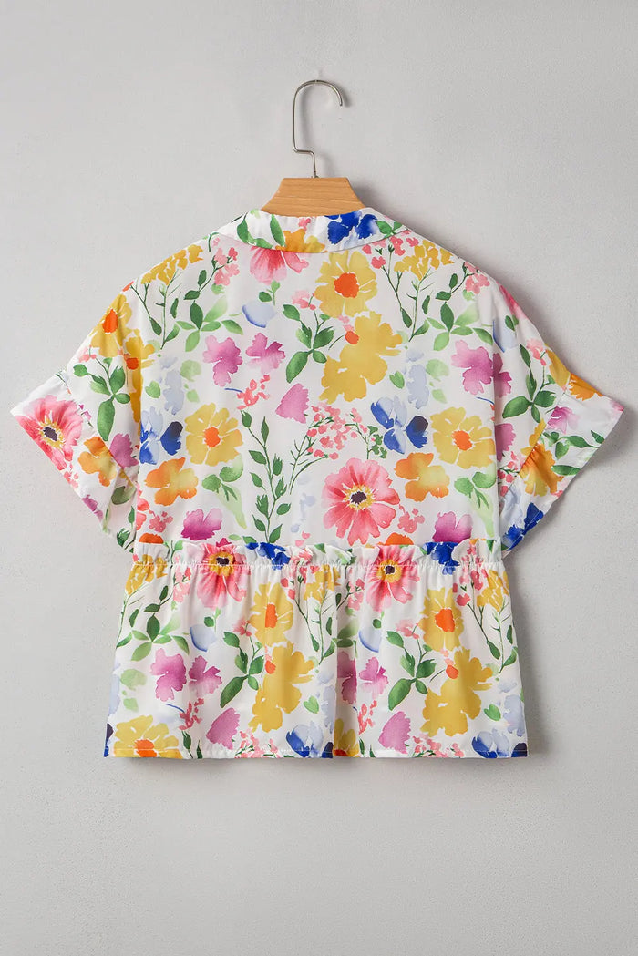 Yellow Floral Boxy Fit Ruffled Short Sleeve V Neck Blouse - Tops/Blouses & Shirts