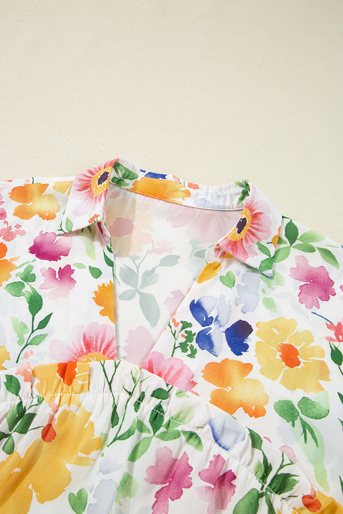 Yellow Floral Boxy Fit Ruffled Short Sleeve V Neck Blouse - Tops/Blouses & Shirts