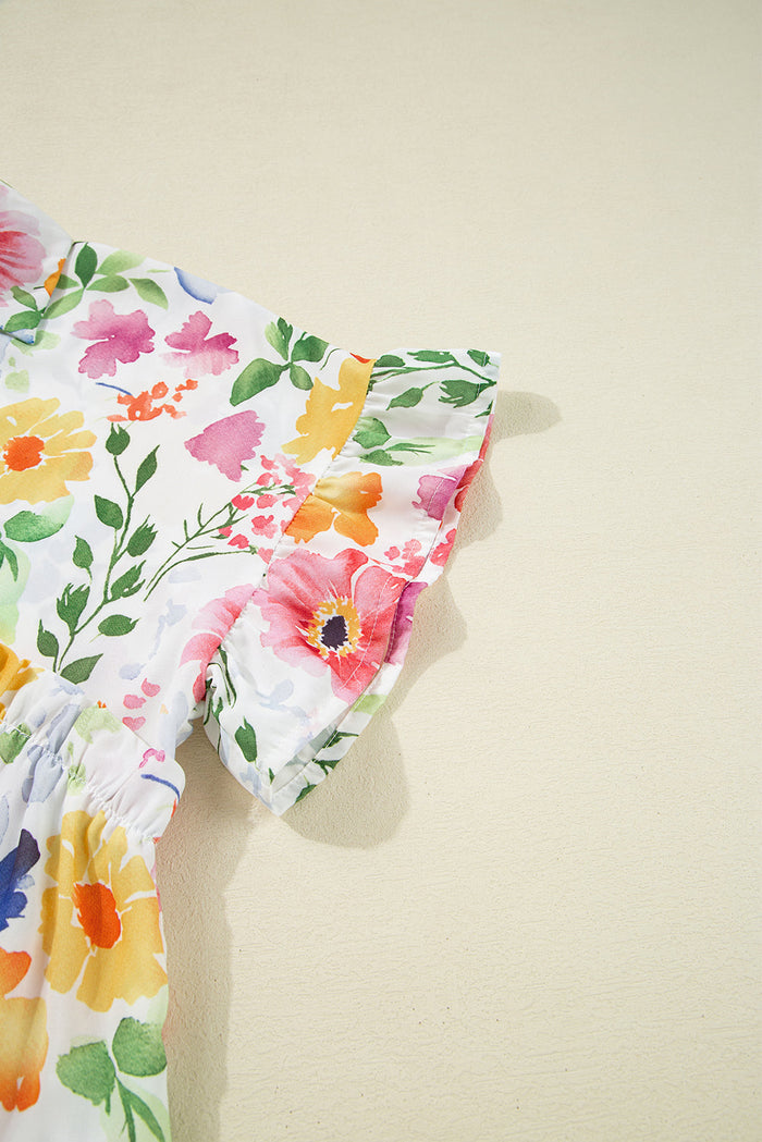 Yellow Floral Boxy Fit Ruffled Short Sleeve V Neck Blouse - Tops/Blouses & Shirts
