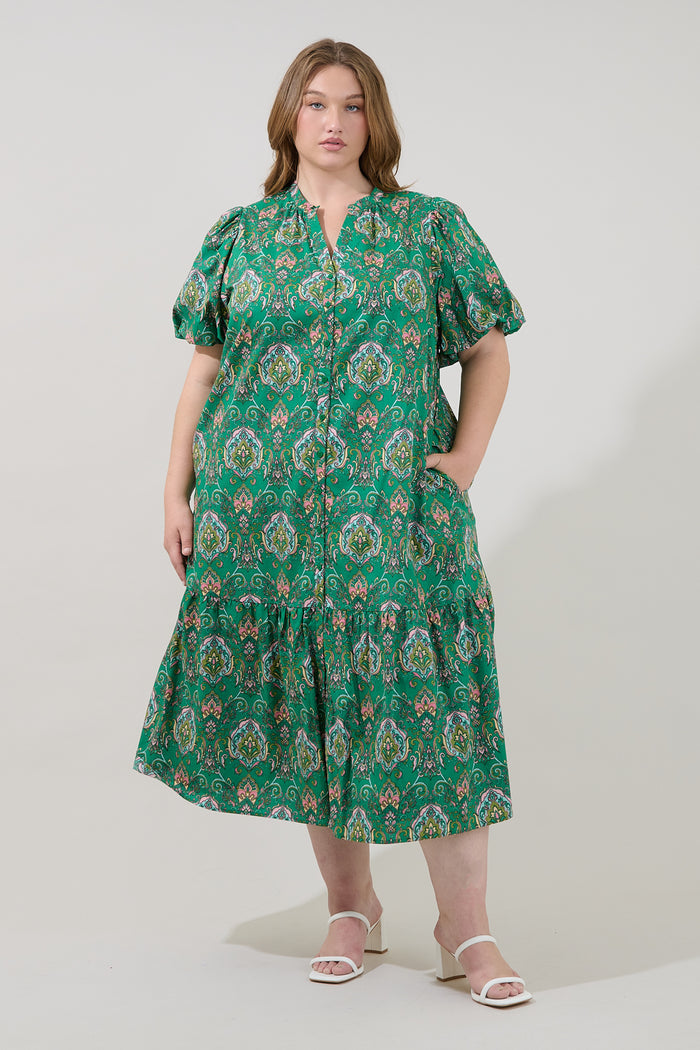 Zaren Button Down Midi Dress Paisley Curve