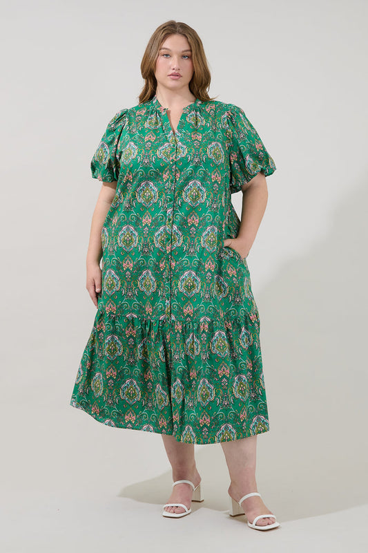 Zaren Button Down Midi Dress Paisley Curve