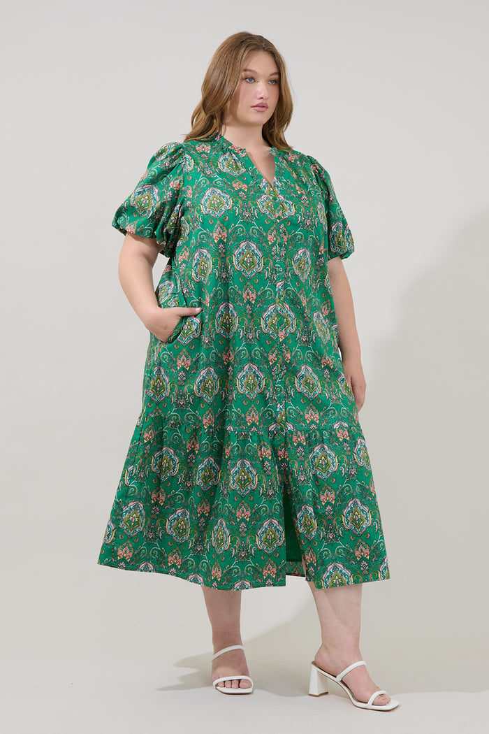 Zaren Button Down Midi Dress Paisley Curve