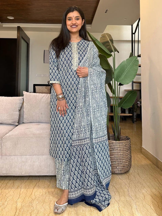 Zeeya Navy White Budget Cotton Suit Set