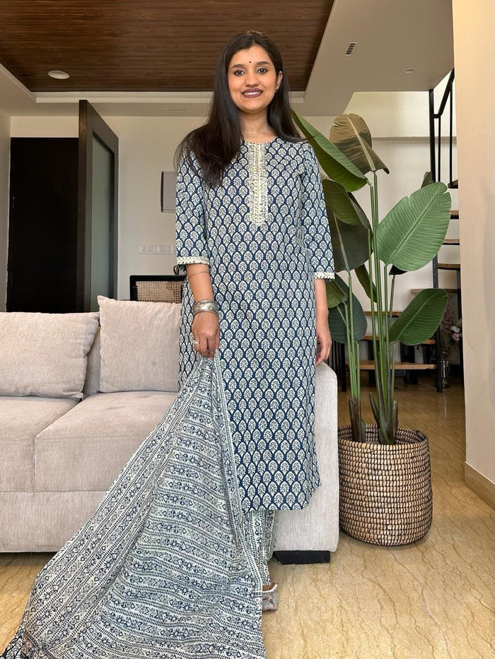 Zeeya Navy White Budget Cotton Suit Set