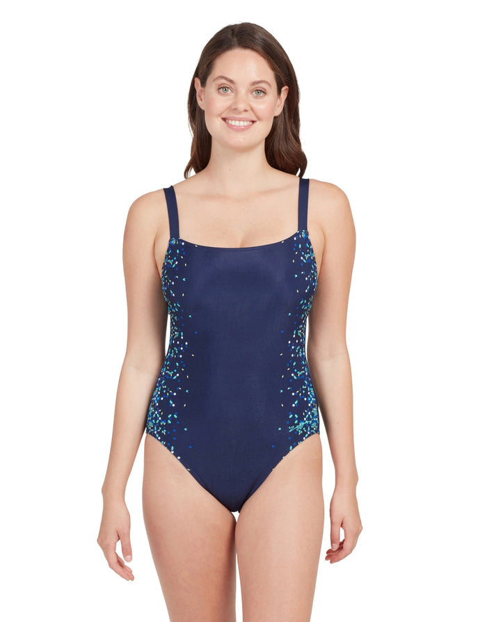 Navy blue sequined leotard in Zoggs Blue Chime adjustable classicback swimsuit