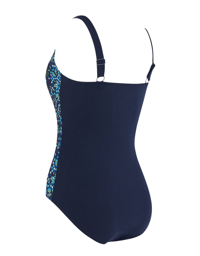 Zoggs Blue Chime adjustable classicback swimsuit in navy blue with sequined straps