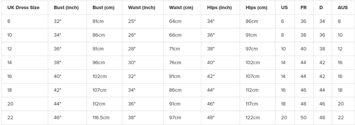 Zoggs Cottesloe legsuit chart: UK dress sizes in inches and cm