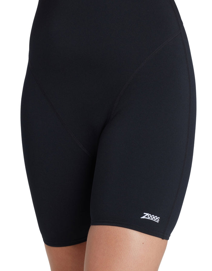 Black Zoggs Cottesloe Legsuit with sleek swim shorts and short leg height