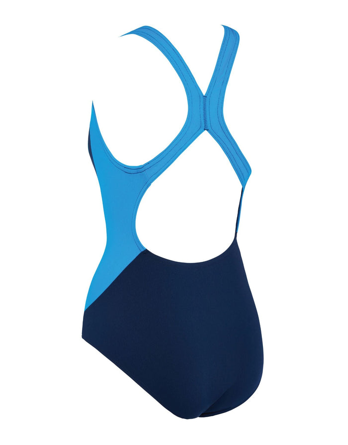 Zoggs Eaton Flyback swimsuit in navy blue with crisscross back