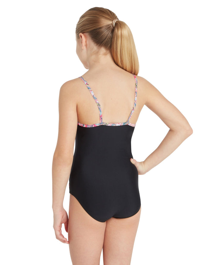 Zoggs girls heavenly classicback swimsuit in black with colorful beaded straps