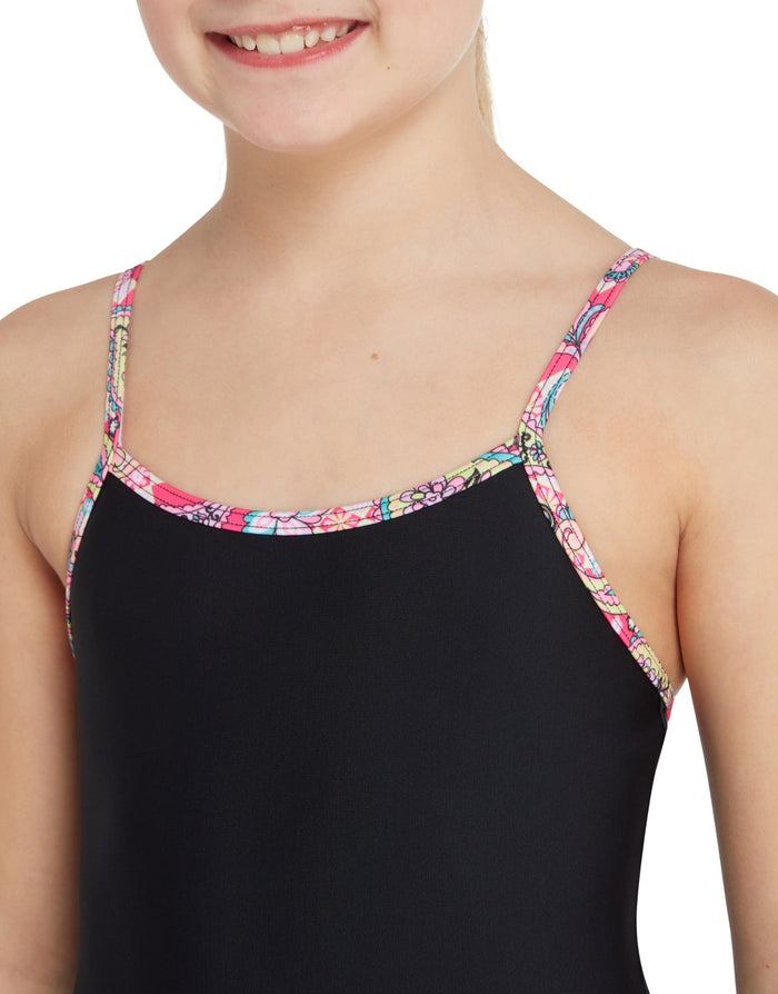 Zoggs girls heavenly classicback swimsuit in black with colorful floral straps