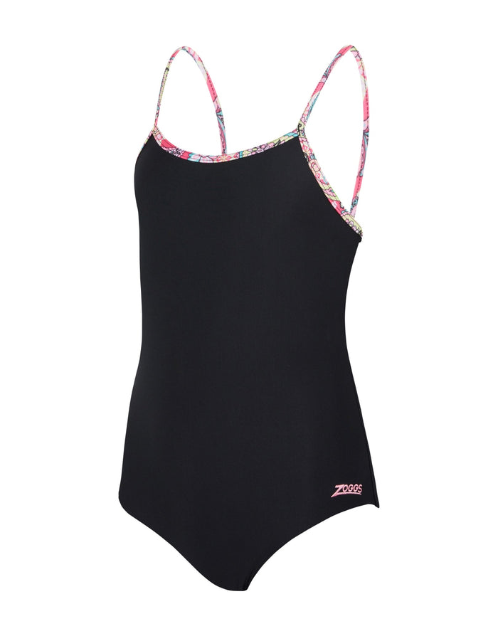 Black Zoggs Girls Heavenly Classicback swimsuit with pink floral straps