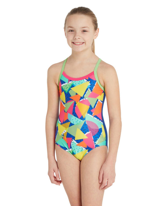 Zoggs Girls Medley Rainbow Strikeback swimsuit in blue multi