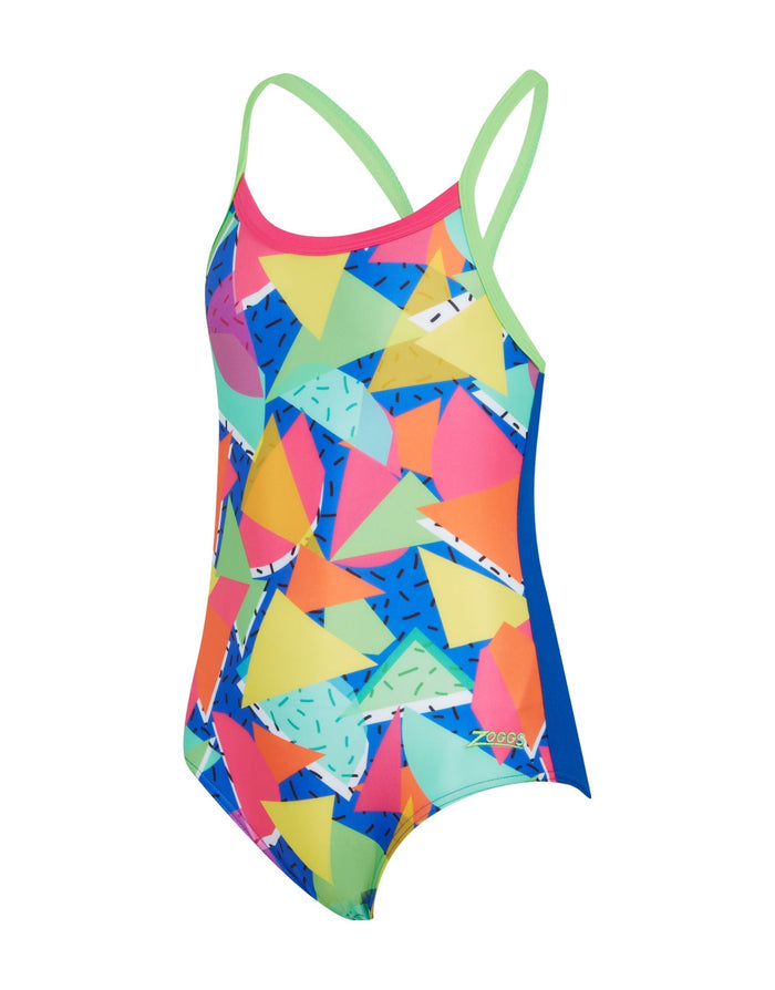 Zoggs girls medley rainbow strikeback swimsuit in blue multi with geometric patterns