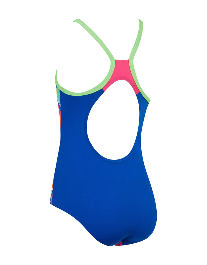 Zoggs girls medley rainbow strikeback swimsuit in blue with green and pink accents