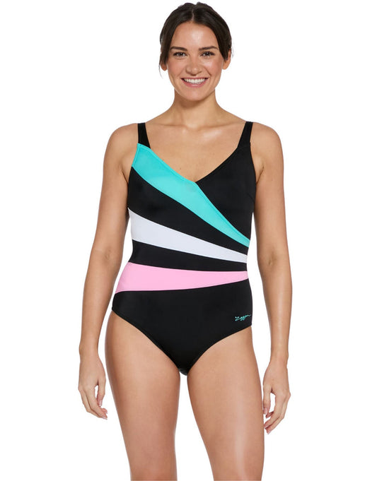 Zoggs Plantopia Wrap Panel Classicback Swimsuit - Blue/White/Pink - Womens Swimwear