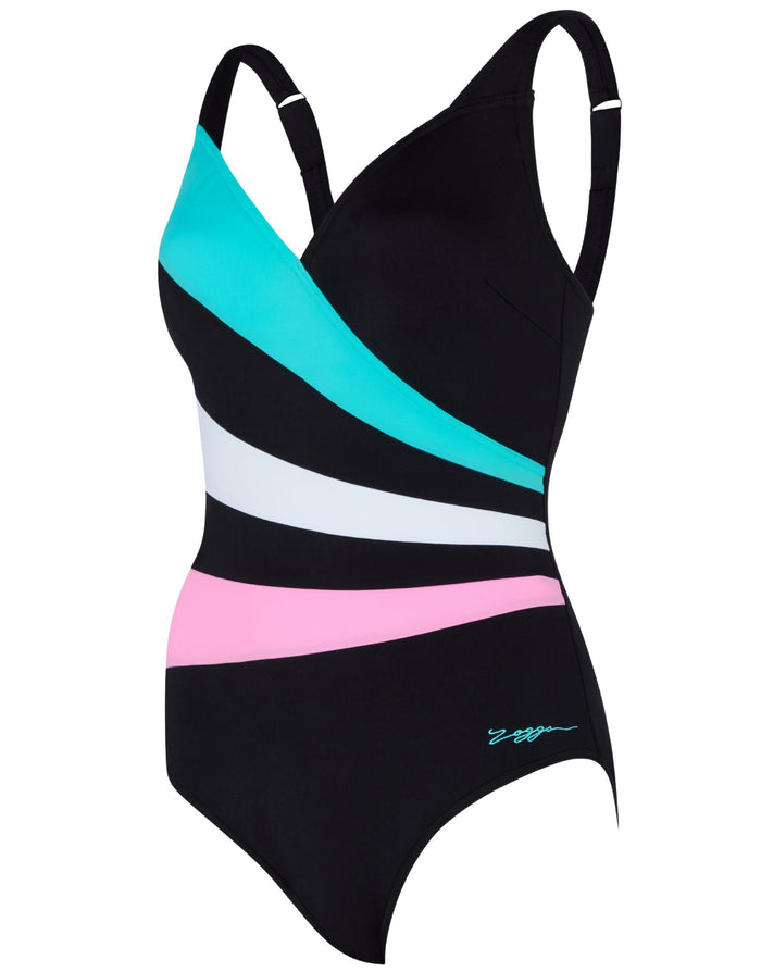 Zoggs Plantopia Wrap Panel Classicback Swimsuit - Blue/White/Pink - Womens Swimwear