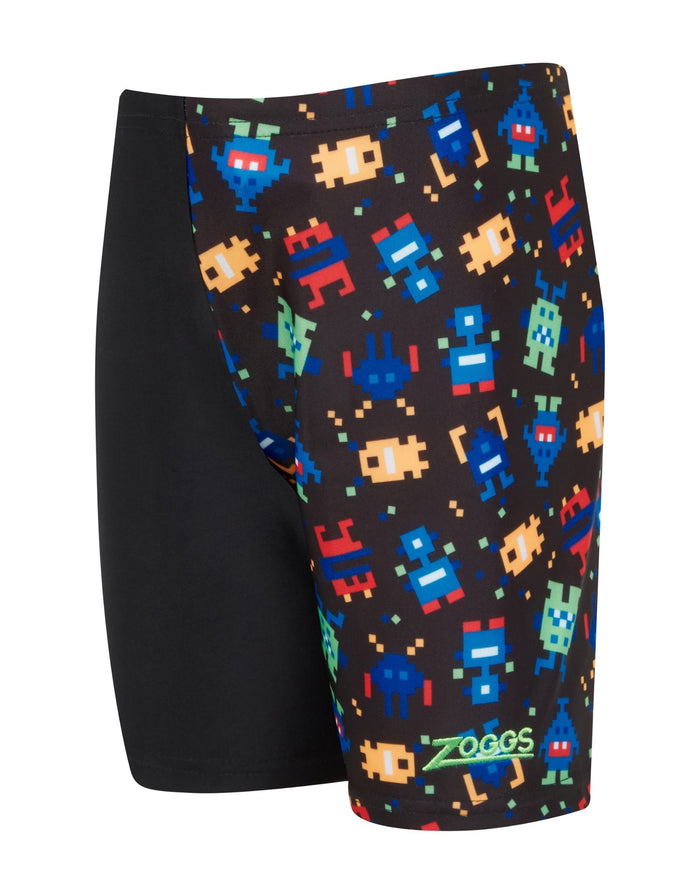 Zoggs Tots Boys Pixel Monsters black swim shorts with robot design