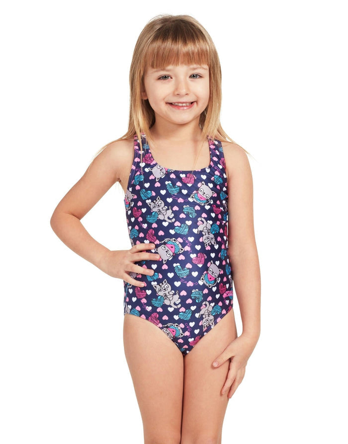 Zoggs Tots Girls Kitty Actionback navy blue swimsuit with floral hearts