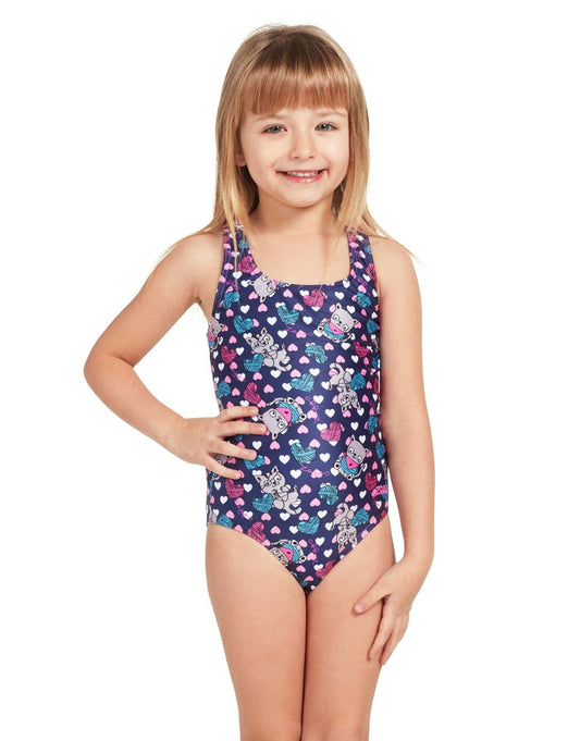 Zoggs Tots Girls Kitty Actionback navy blue swimsuit with floral hearts