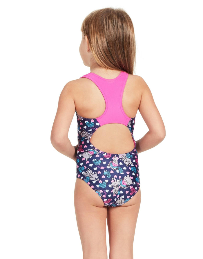Cute Zoggs Tots Girls Kitty Actionback swimsuit in pink and blue snowflake with cutout back