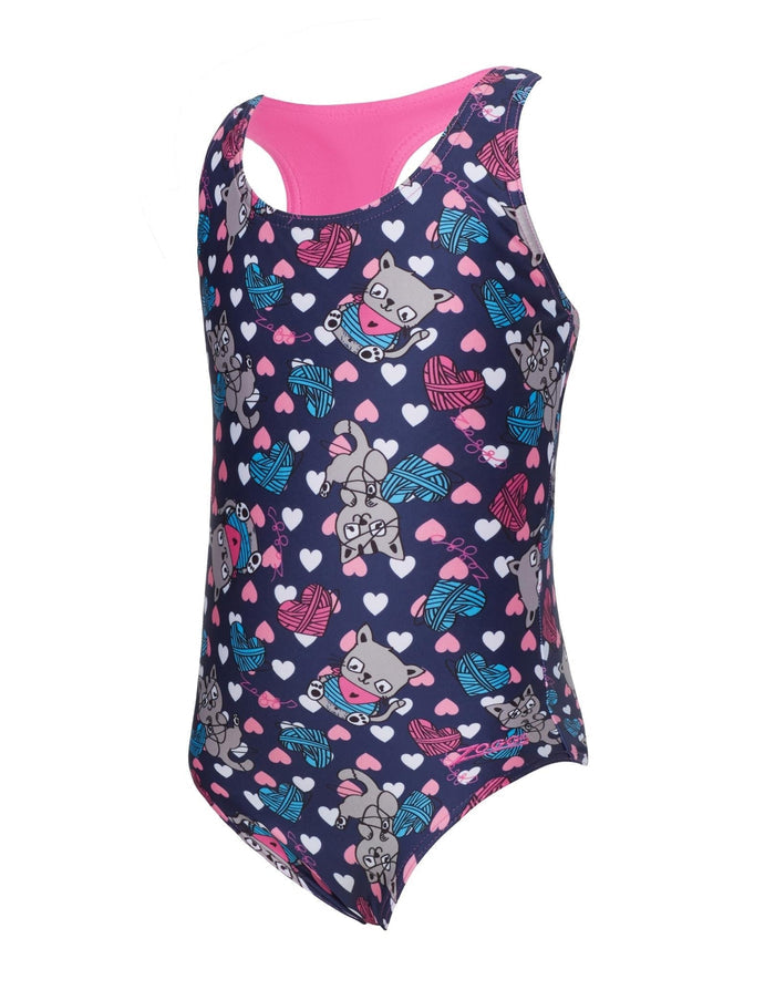 Zoggs Tots Girls Kitty Actionback swimsuit in navy blue with pink accents and elephant print