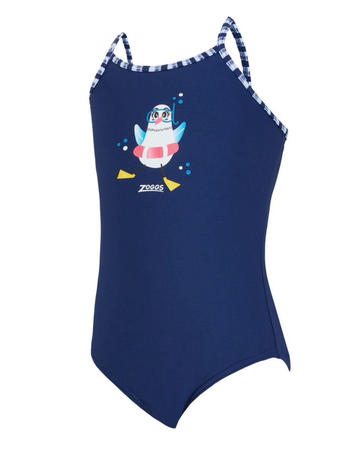 Zoggs Tots Girls Little Gull Crossback Swimsuit in navy blue with penguin design