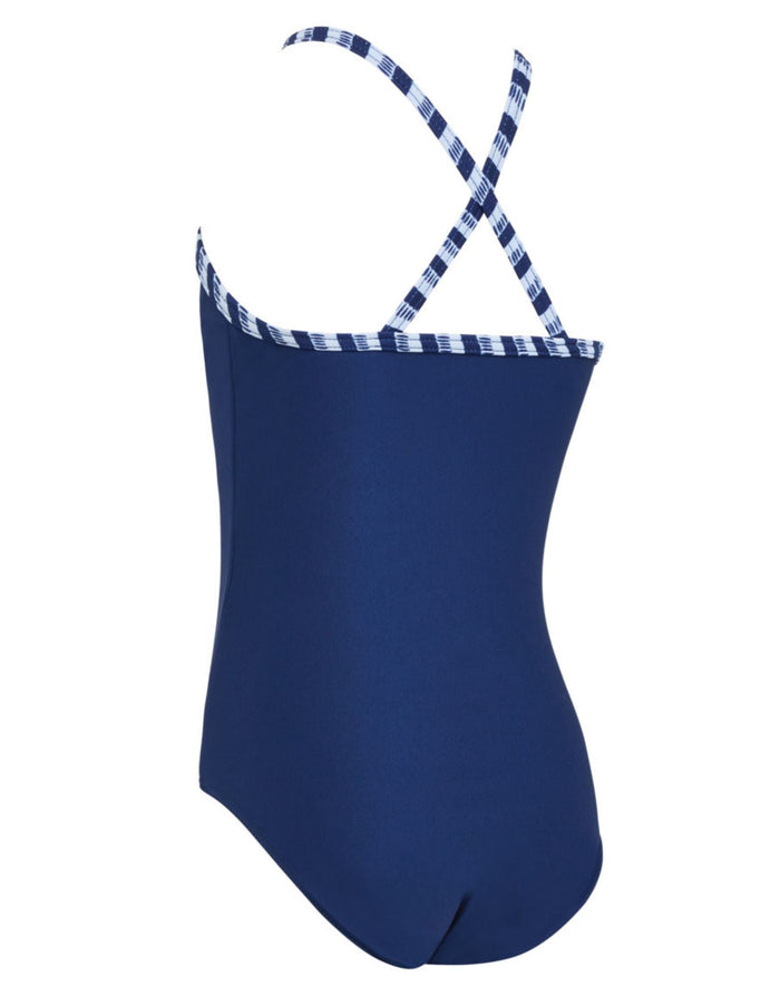 Zoggs Tots Girls Little Gull Crossback Swimsuit in navy blue with checkered straps