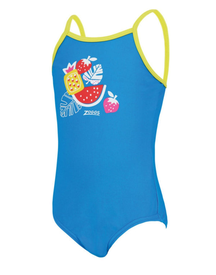 Zoggs Tots Girls Pool Party Classicback swimsuit in blue with yellow trim and fruit design
